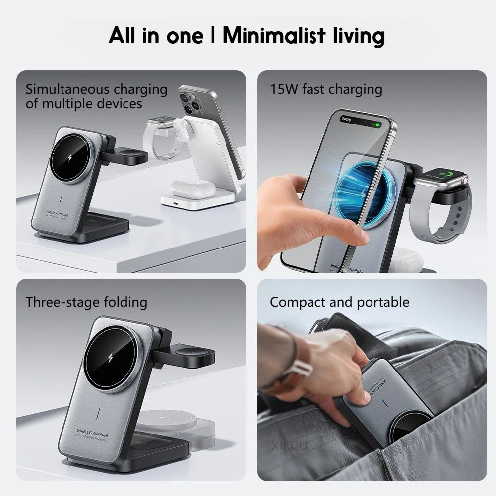 3 in 1 Travel Magnetic Wireless Charger Dock For Magsafe iPhone 17 16 15 Pro Max 14 13 12 iWatch 11-2 Airpods Pro Fast Charging