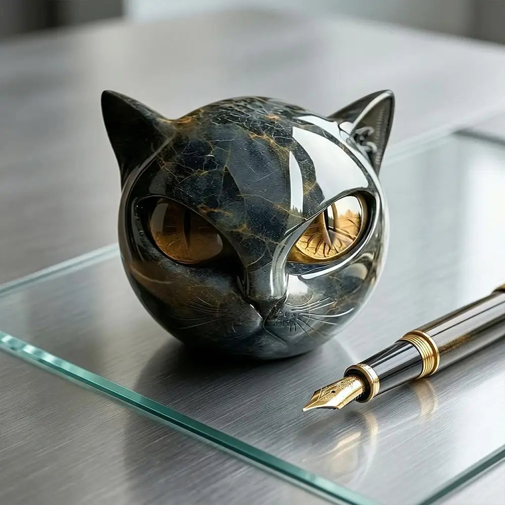 Black Cat Head  - Luxury Resin Figurine with Various Pupil Colors, Marble Texture Cat Statue for Office Desk Decor, Unique Gift