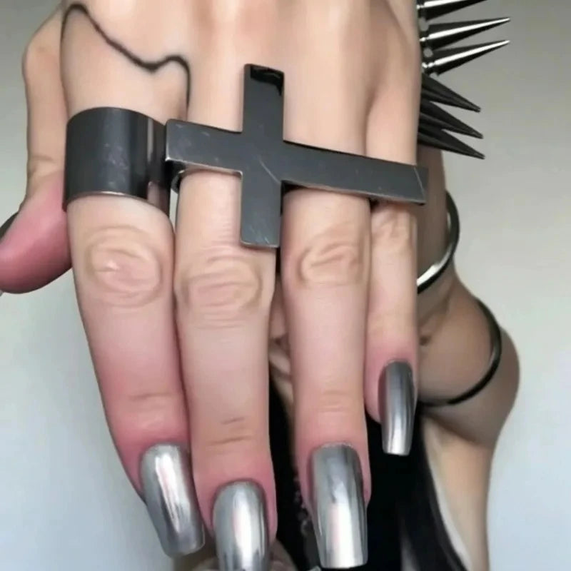 Vintage Y2K Fashion Double Circle Cross Ring Finger Crossed Punk