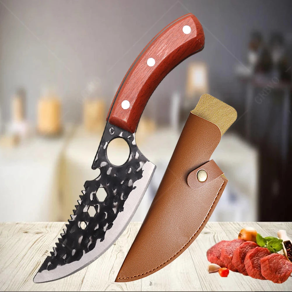 Meat Cleaver Boning Knife Wooden Handle Kitchen Knives Mongolian Meat Eating Knife Beef Lamb Knife Stainless Steel Butcher Knife