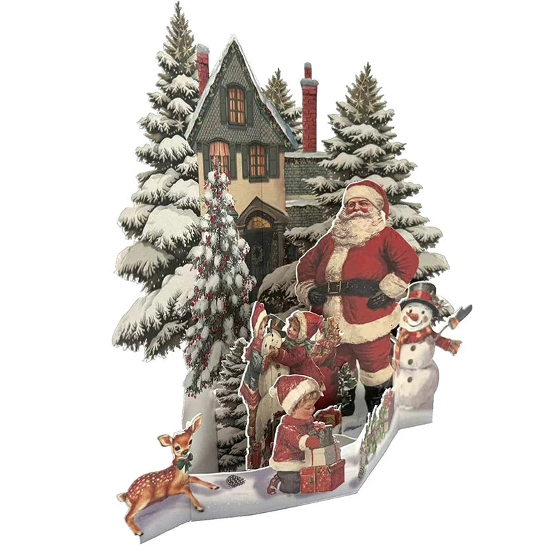 3D Christmas Card Night Before Christmas Scene With Santa, Reindeer, Snowy Village & Moonlit Sky Festive Holiday Greeting Card F