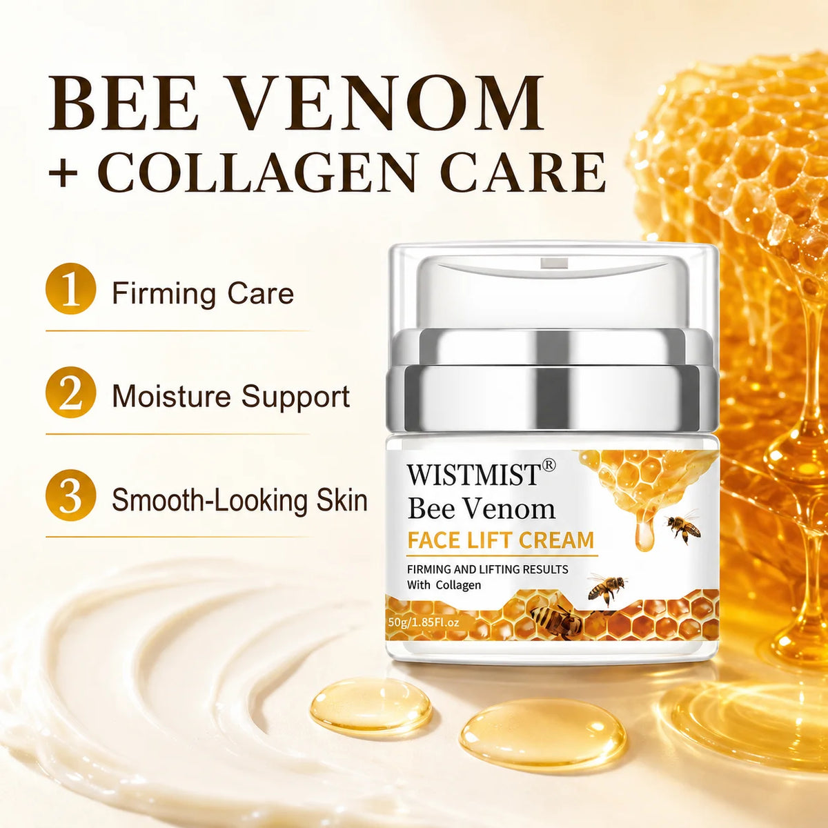 WISTMIST Bee Venom Face Cream, Firming & Lifting Facial Moisturizer with Collagen, Hydrating Anti Aging Skin Care Cream for Fine Lines, Wrinkles & Elasticity, Nourishing Day Night Face Moisturizer for Women Men, 50g
