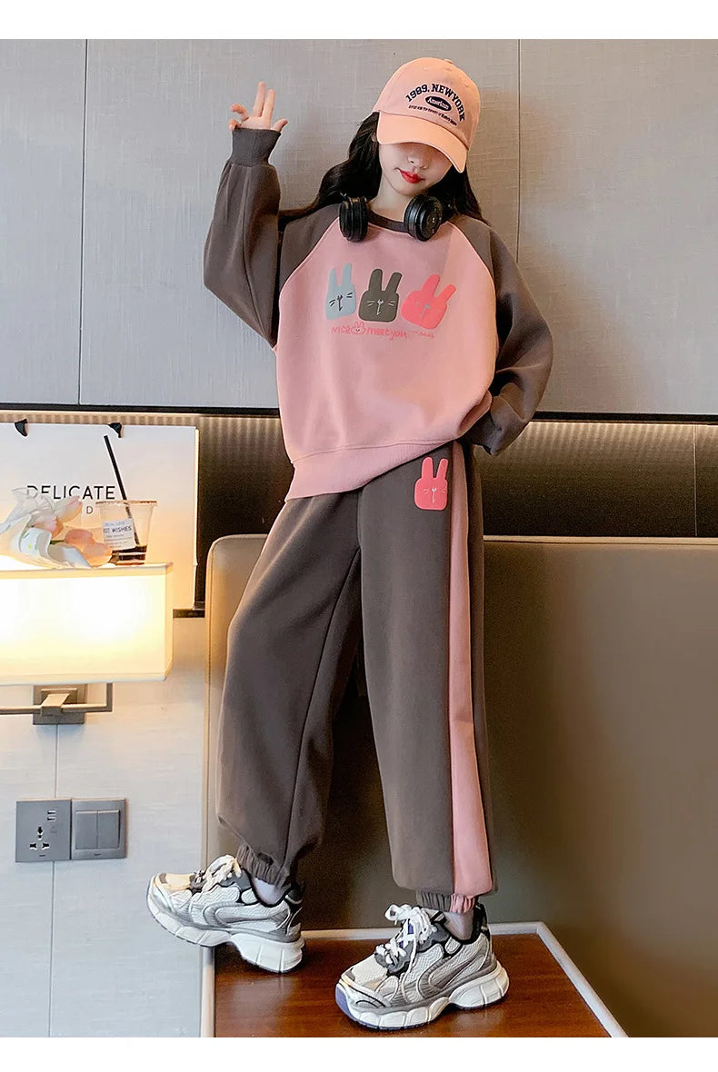 Girls Cotton Contrast Cartoon Alphabet Loose Sweatshirt+Sweatpant School Kids Tracksuit Child Jogger Outfit Workout Sets 5-16Yrs