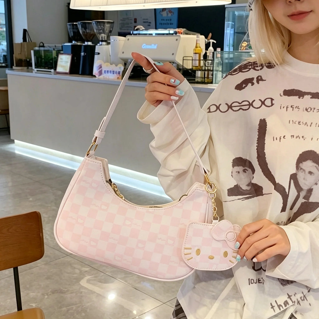 Women Y2K Cute Underarm Shoulder Bag Checkerboard Pattern PU