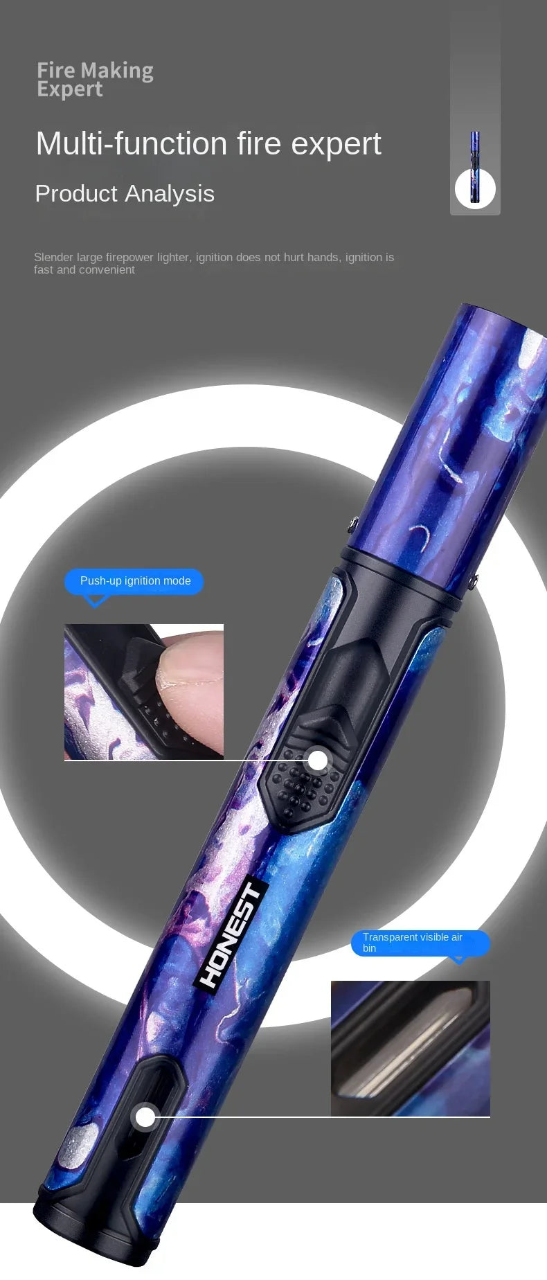 HONEST Metal Windproof Lighter Refillable Pen Torch Lighter Jet Flame Butane Lighter Kitchen BBQ Candle Camping Men's Gadget