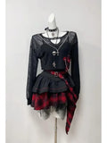 Gothic Y2K Punk Cami Dress Set Women Sheer Mesh Top High Waist