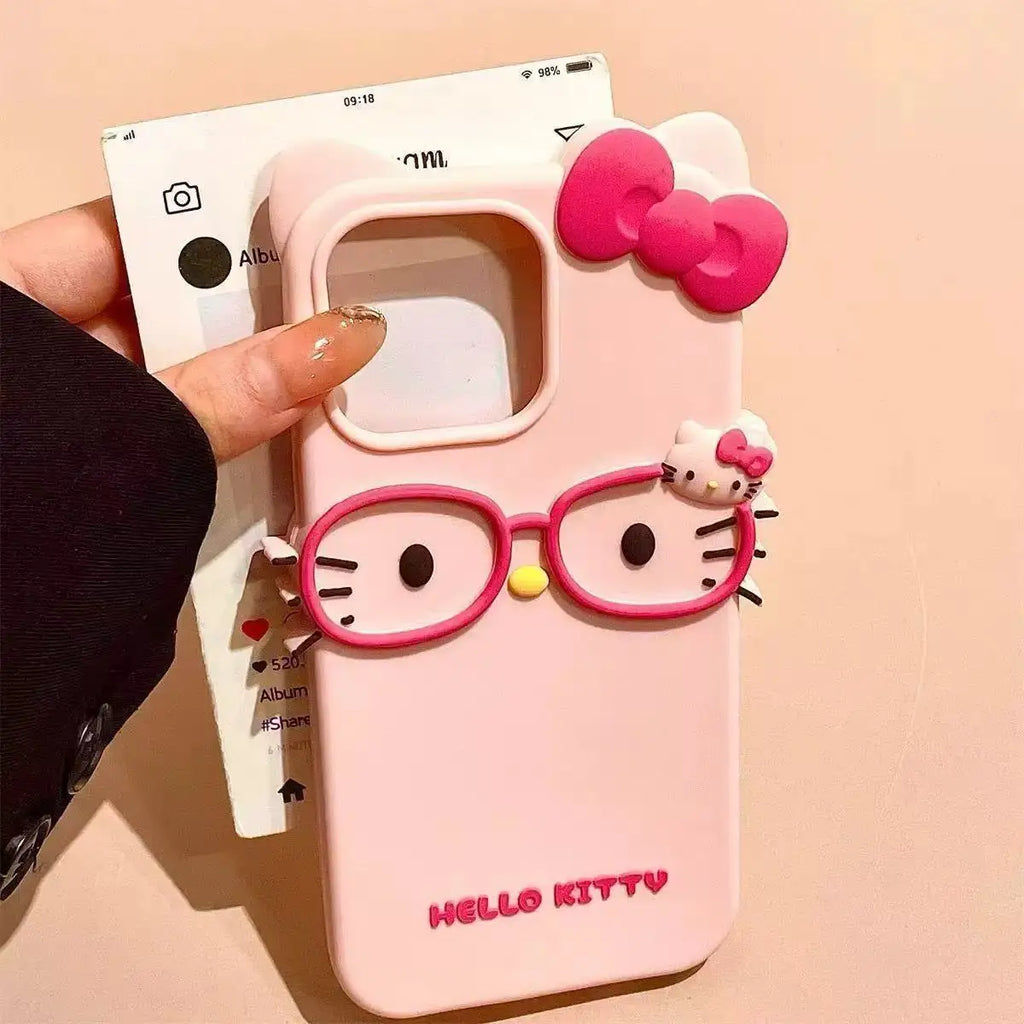 Hello Kitty 3D Cat-Eye Glasses Silicone Phone Case for iPhone 17 Pro Max 16 15 Plus 14 13 Mini 12 11 4 4S 5 5S 7 8 SE Shockproof