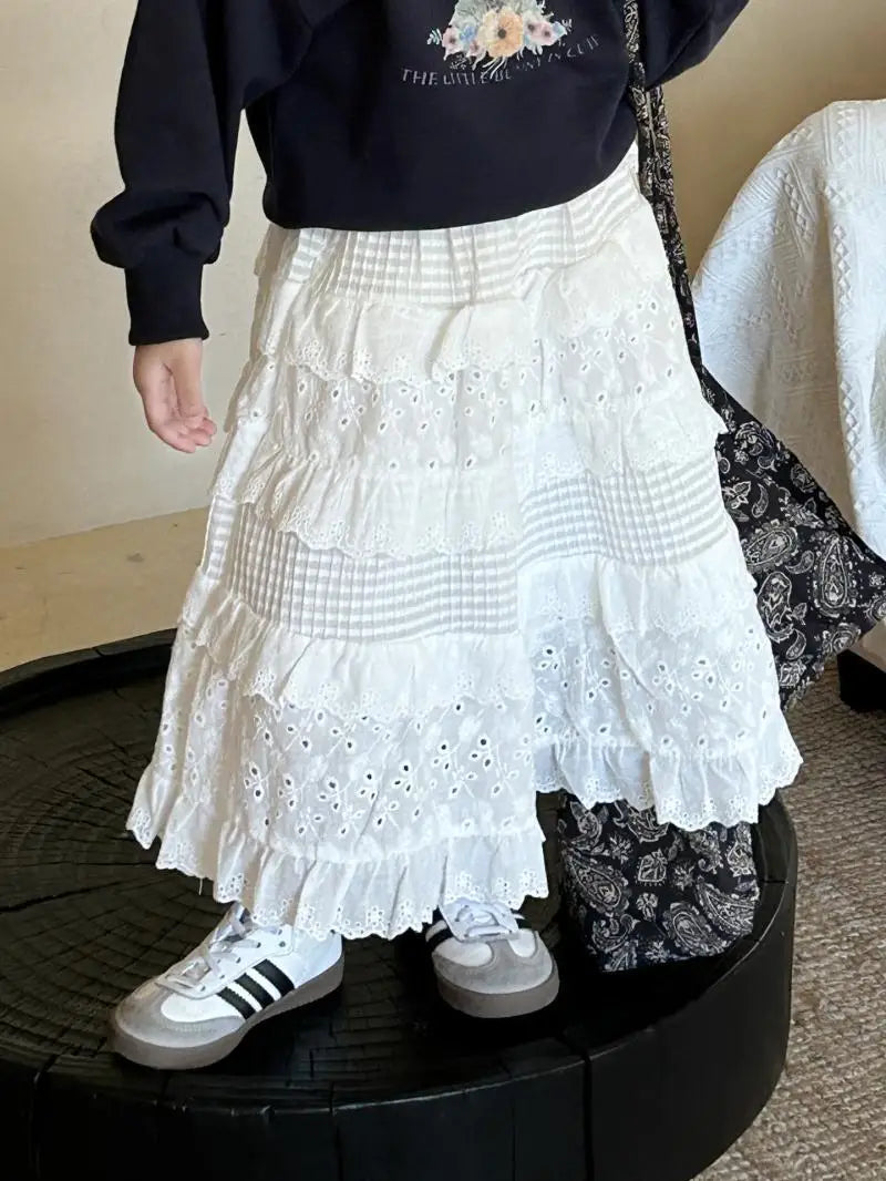 Korean Girls 2024 Navy Blue Cute Rabbit Sweatshirt+ White Lace Cake Skirt Girl 2pcs Cotton Set Fashion Baby Spring Autumn Outfit