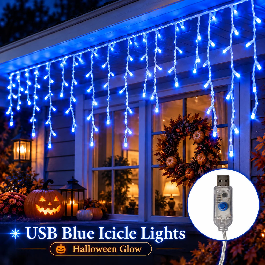 Halloween Blue Icicle Curtain Lights USB 6M/100LED 10M/200LED 8