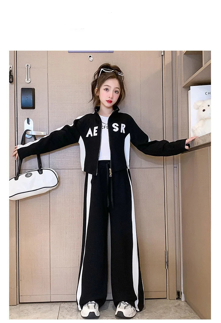 Girls Patchwork Alphabet 2-Way Zip Sweatshirt Jacket+Sweatpant Workout Set School Kids 2PCS Tracksuit Child Jogger Outfit 7-16Yr