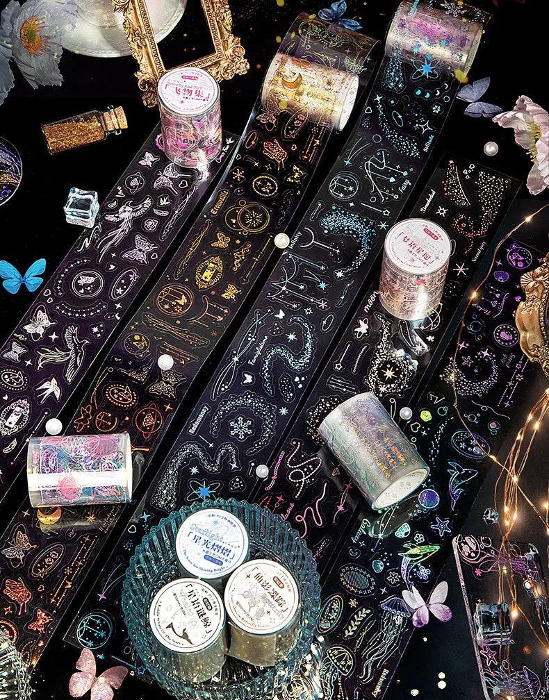 5.5*200cm 1roll Metallic PET Tape for Journaling, Laser Gold/Silver Decorative Stickers, DIY Scrapbook Washi Supplies