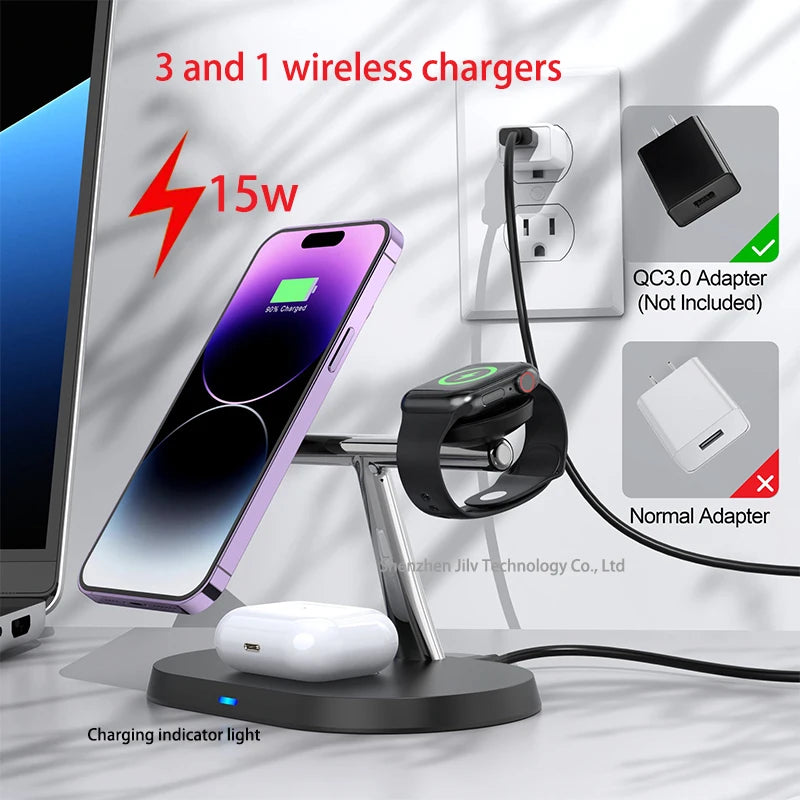 2025 3 in 1 30w Qi2 Wireless Charger Stand Fast Charging for iPhone 17 16 15 14 13 12 iWatch Airpods Wireless Charging Station