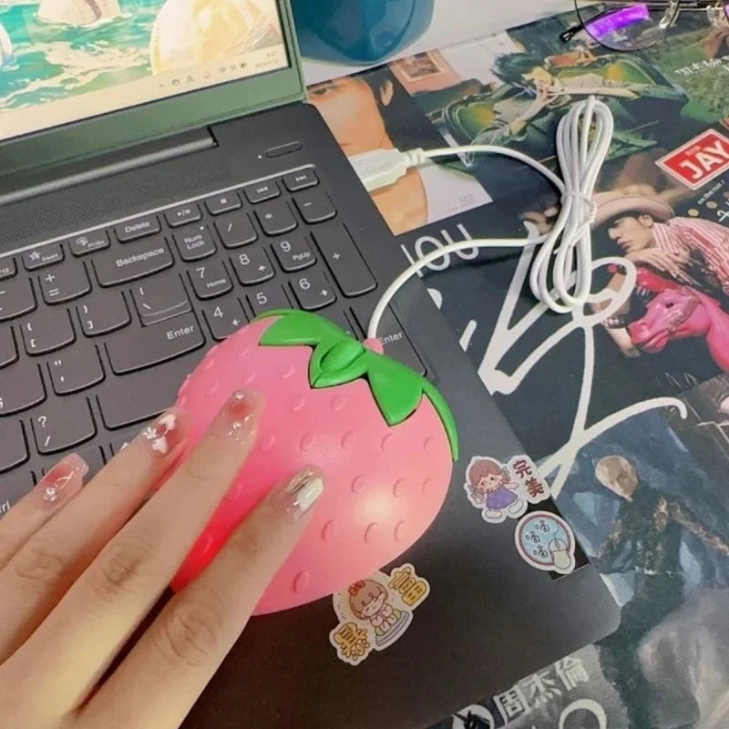 Pink Strawberry Corded Mouse Small Optical PC Computer Game