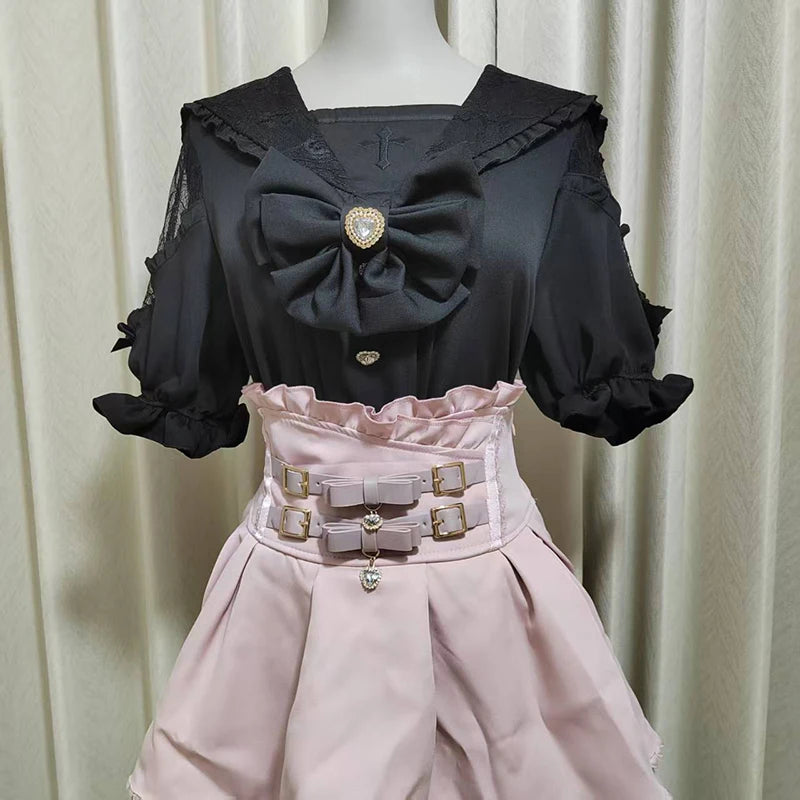 Kawaii Women Shirts Jirai Kei Lolita Y2K Cute Japanese Style Blouse Elegant Short Sleeve Sweet Tops Casual Aesthetic Shirt 2025