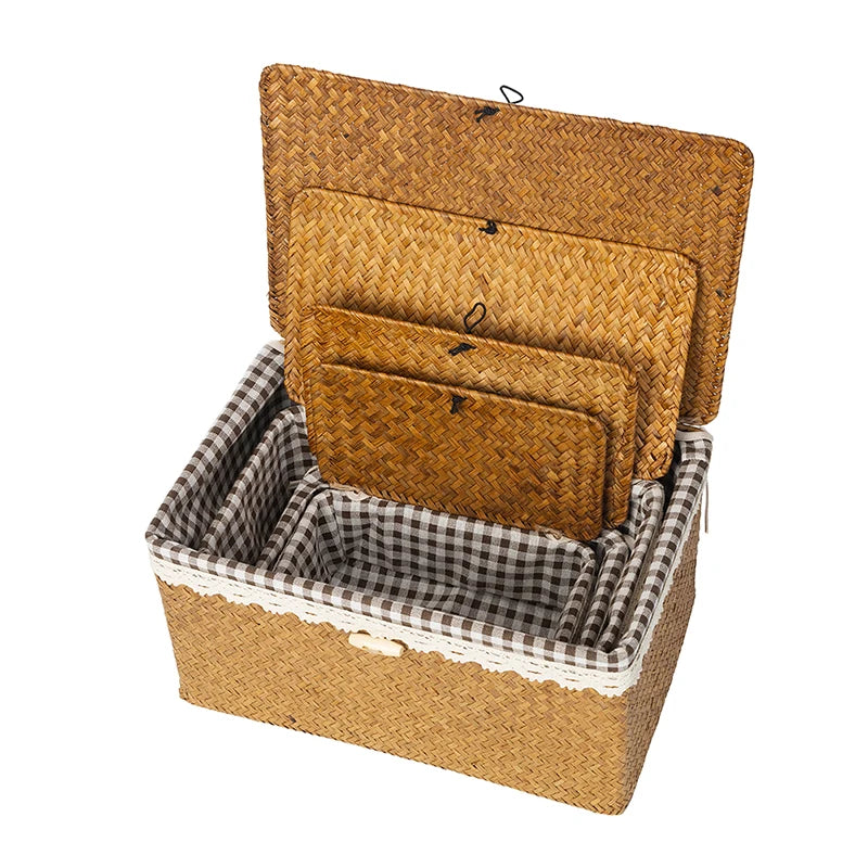 Wicker Basket with Lids Nautral Seagrass Storage Box Basket Woven Rectangular Bins Container Rattan Storage Kitchen Organizer