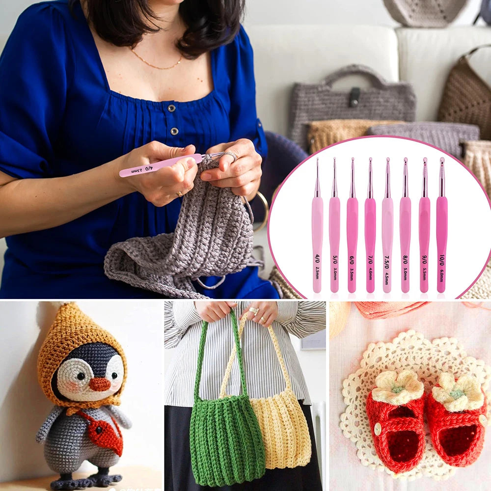 9pcs/set 2.0mm-6mm Pink Gradient Aluminum Crochet Hooks Ergonomic Soft Handle Crochet with Case Crochet Kit for Beginners