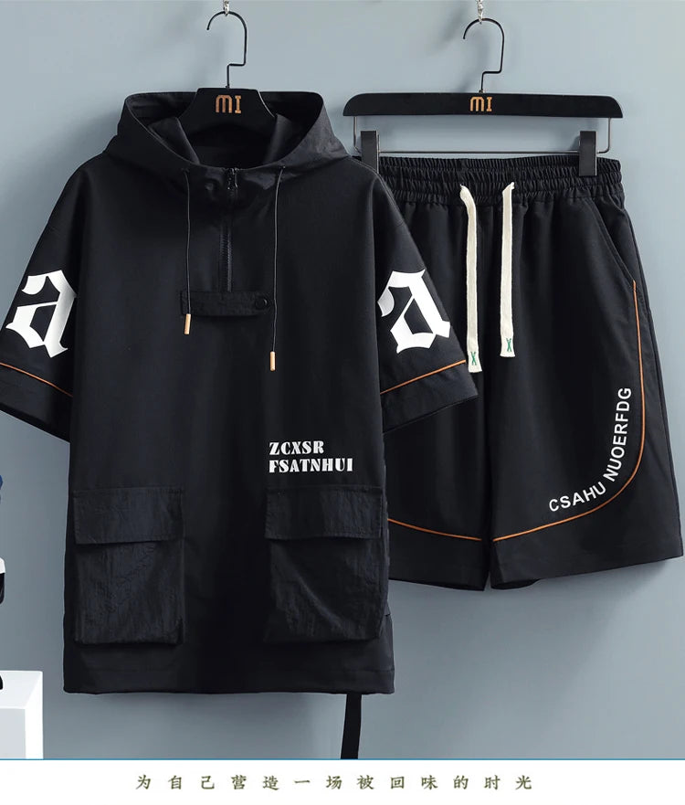 2 Pcs/Set Men Tracksuit Short Sleeve Hoodies+Pants Hooded Elastic Waist Summer Hip Hop Sweatshirt Sweatpants Loose Set