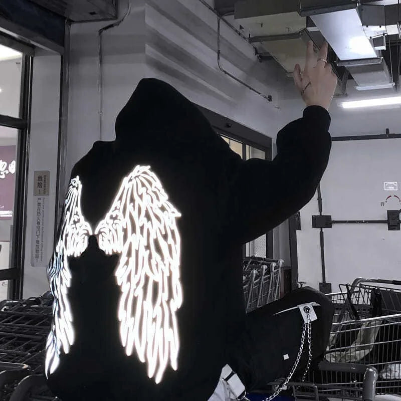 Reflective Male Hoodie Hip Hop Overfit New in No Brand Y2k Vintage Novelty and Simple 90s Tops Fleeced Men's Hooded Sweatshirt