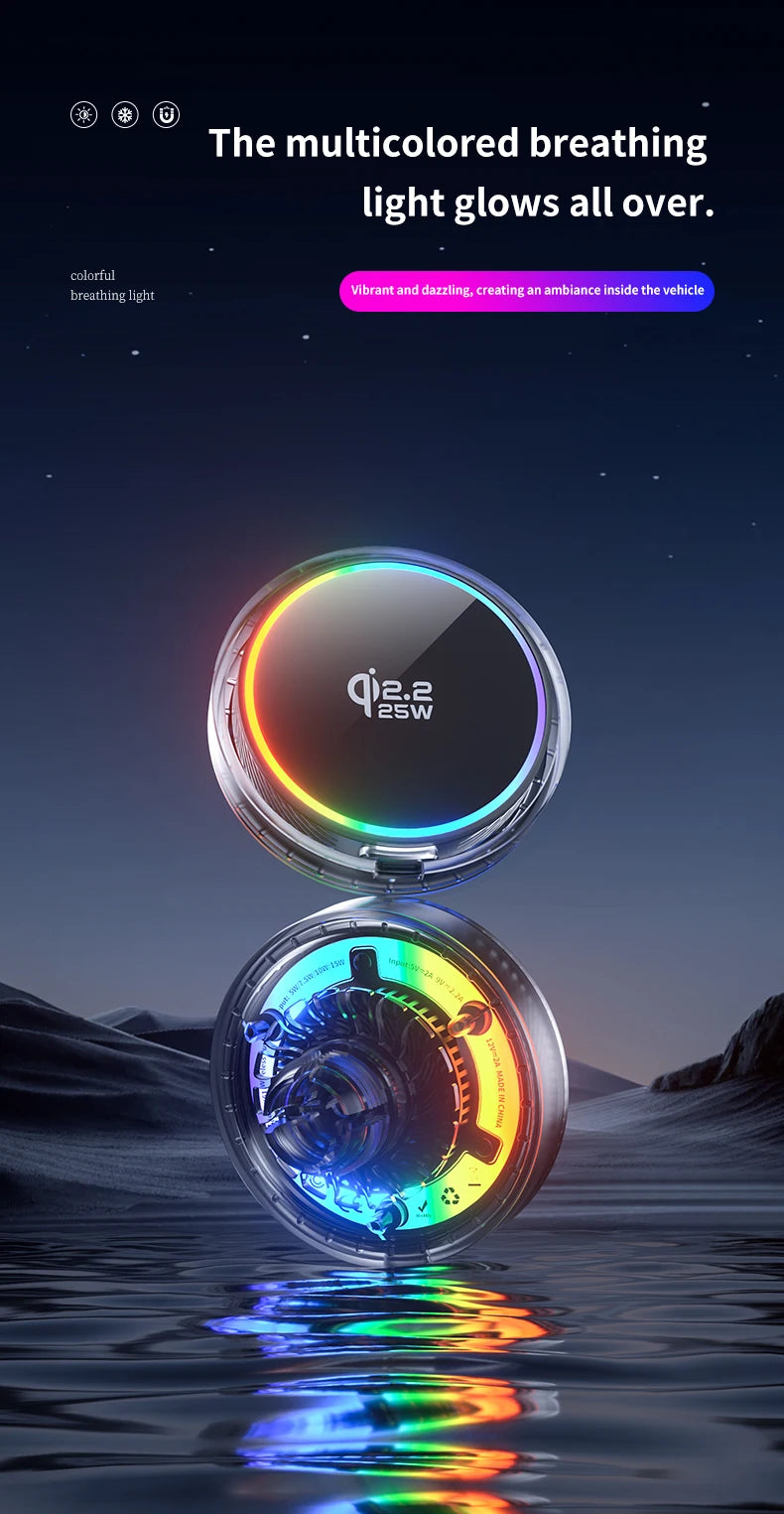 qi2.2 Car 25W Magnetic Wireless Charger Air Cooling RGB Light  Phone Holder For Magsafe iPhone 17 16 15 14 13 12 Fast Charging