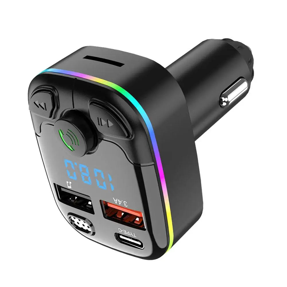 Bluetooth 5.0 Car FM Transmitter Wireless Charger PD Type C Fast Charge Dual USB Charger Ambient Light MP3 Player Handsfree