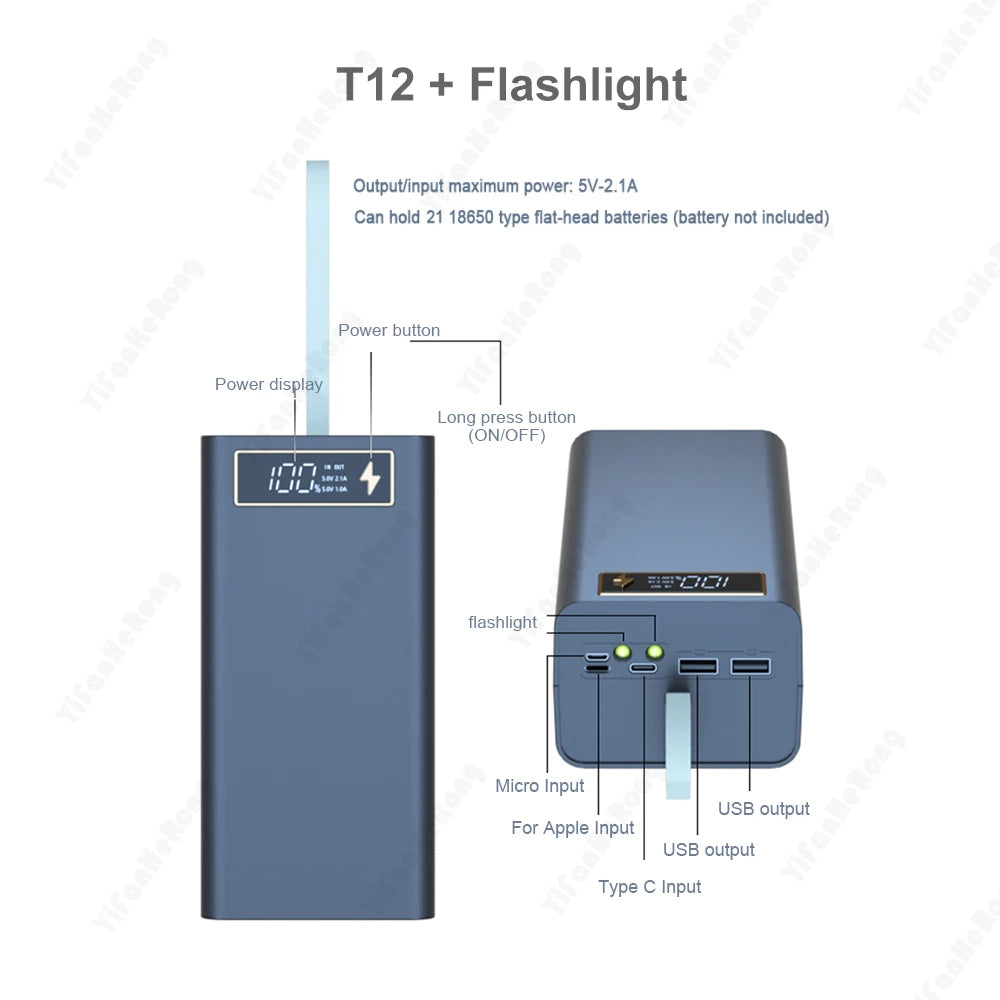 Dual USB 21*18650 Power Bank Battery Box Support Quick & Wireless Charger DIY Shell Case 18650 Battery Storage Box Holder