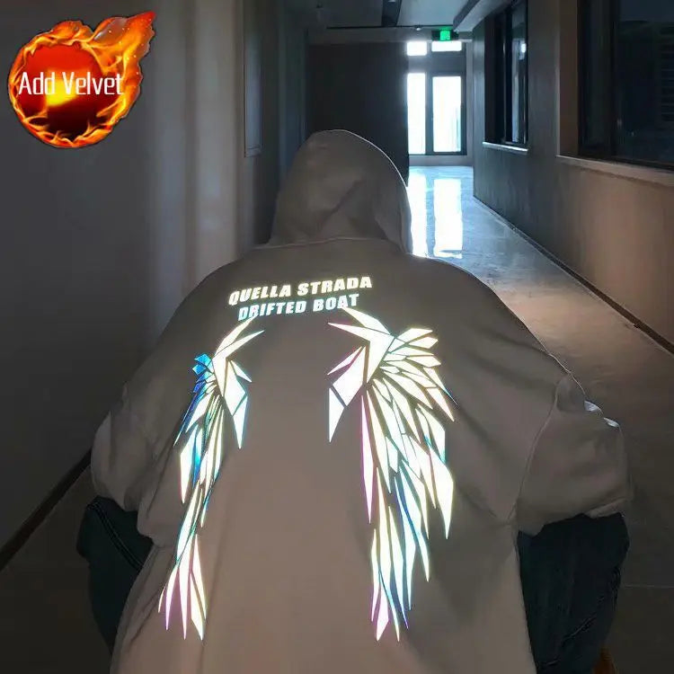Reflective Male Hoodie Hip Hop Overfit New in No Brand Y2k Vintage Novelty and Simple 90s Tops Fleeced Men's Hooded Sweatshirt