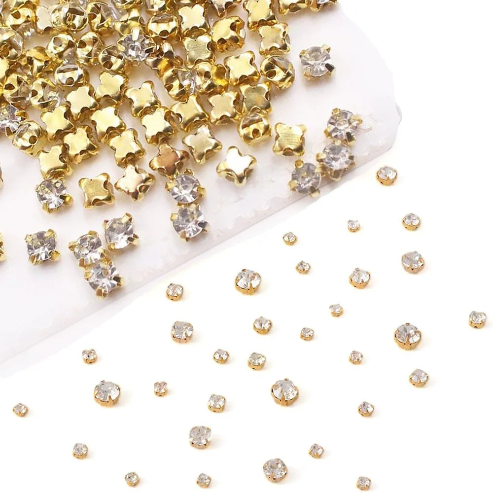 100 Stitching Rhinestones with Gold Claws 6 Sizes Gold Round Stitching Rhinestones for Sewing Crafts Jewelry Making