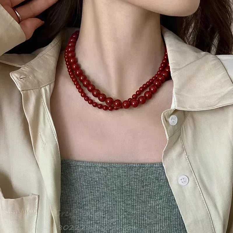 Vintage Red Beaded Necklaces For Women Chinese Style Glass Beads Necklace Exquisite Elegant Choker Aesthetic Jewelry Accessories