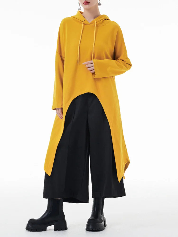 EAM Yellow Irregular Midi Sweatshirt New Hooded Drawstring Long Sleeve Women Big Size Fashion Tide Spring Autumn 2026 1DH3876