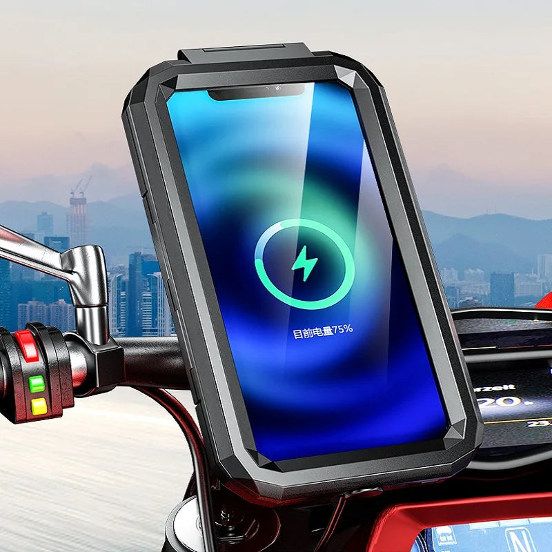 2022 Waterproof Case 12V Motorcycle Phone Holder Wireless Charger 15W Qi/ Type C PD USB Fast Charge Mount Box Double Socket Arms