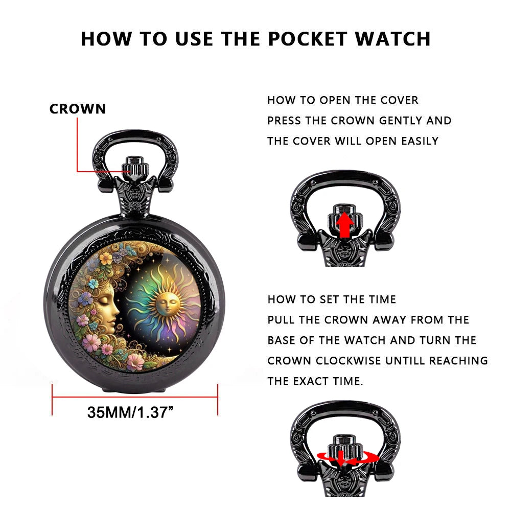 Sun and Moon Goddess Quarzt Pocket Watch with Chain