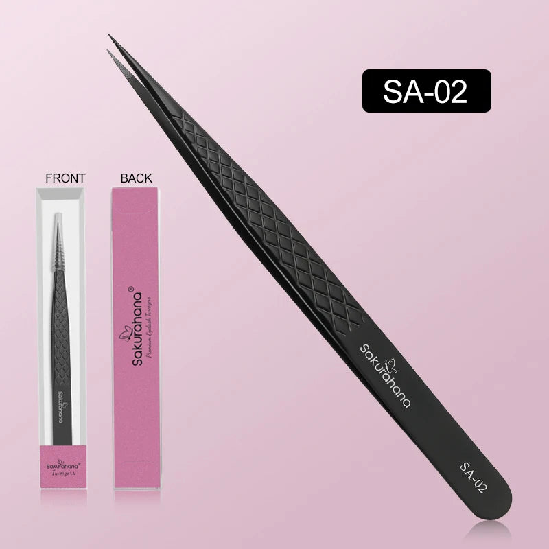 SAKURAHANA Professional Eyelash Tweezers Black Fiber Tip for Lash