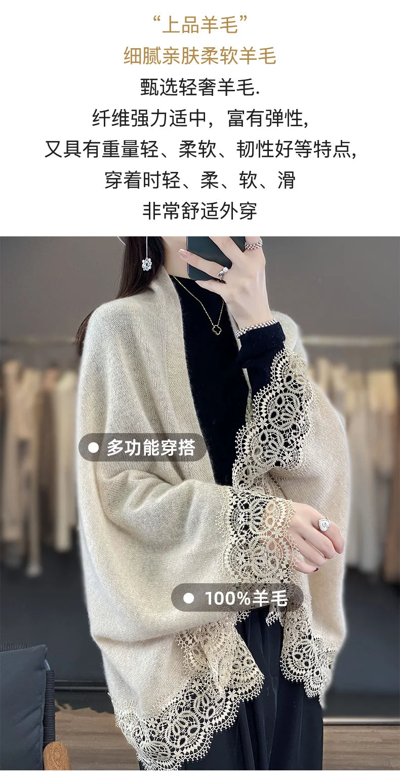 Popular Lace Edge 100% Wool Knitted Shawl Spring Autumn Thin Women's Soft, Skin friendly, Breathable, and Fashionable Cardigan