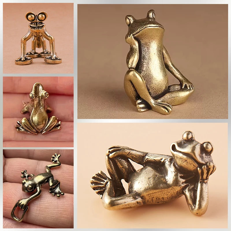 Vintage Brass Frog Statue Frog Decor Charming Contemplative Pose Desktop Ornament Tea Pet Figurine Home Office Decor
