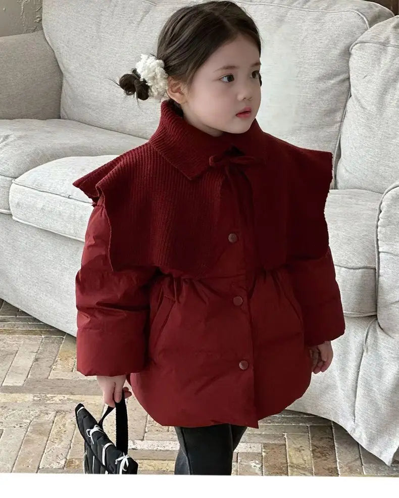 Beige/Red Girls Baby Winter Coats Knitted Shawl Thick Warm Jackets Fashion Kids Children Princess Clothes Overcoats Outerwear