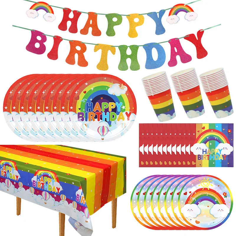 Rainbow Party Tableware Set Paper Plates Cups Napkins Tablecloth Banner Kids Boy Girl Happy Birthday Party Decoration Supplies