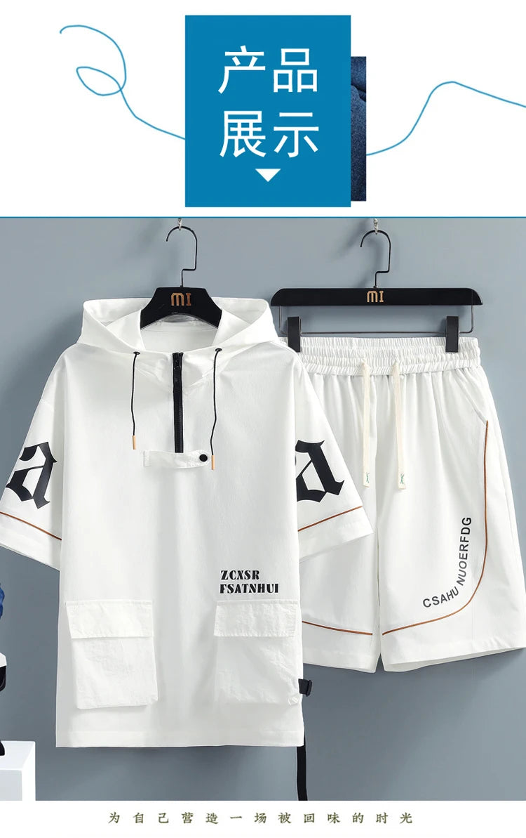 2 Pcs/Set Men Tracksuit Short Sleeve Hoodies+Pants Hooded Elastic Waist Summer Hip Hop Sweatshirt Sweatpants Loose Set