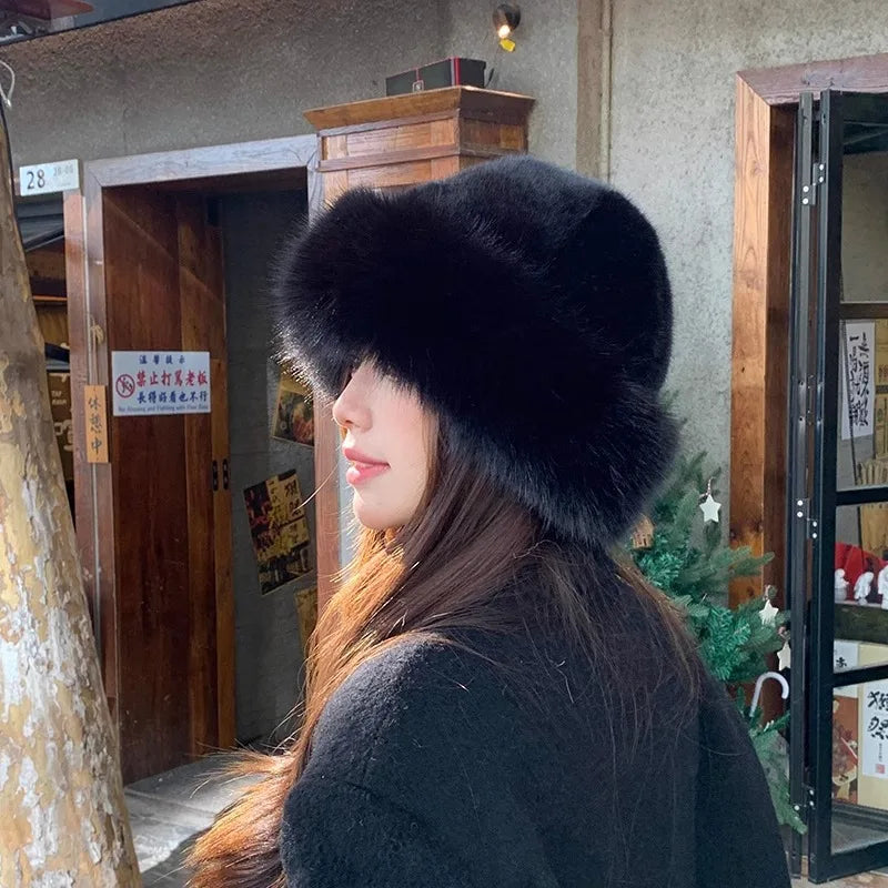 Winter Thick Warm Furry Beanies Hat Women Fashion Imitation Mink Fur Russian Cap Solid Color Plush Brimless Cap Brimless Ski Hat
