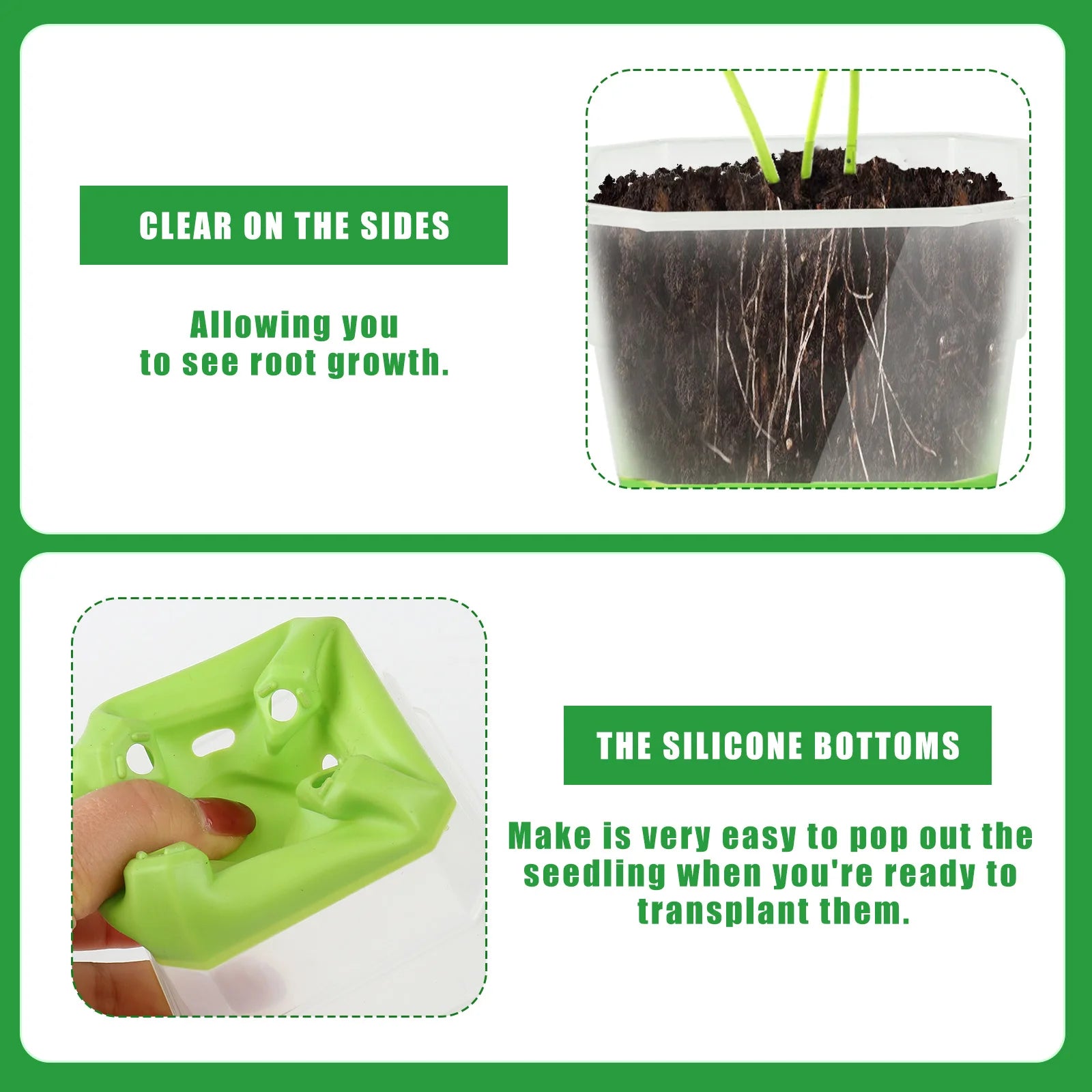 20pcs Seedling Pots - Reusable square planters with flexible silicone base and drainage holes to promote seedling root growth.