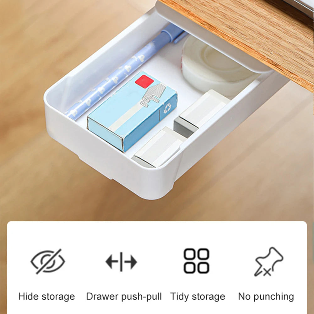 Under Desk Drawer Self-Adhesive Stationery Storage Box Multifunctional Hidden Under Desk Organizer for Home Kitchen Office Table
