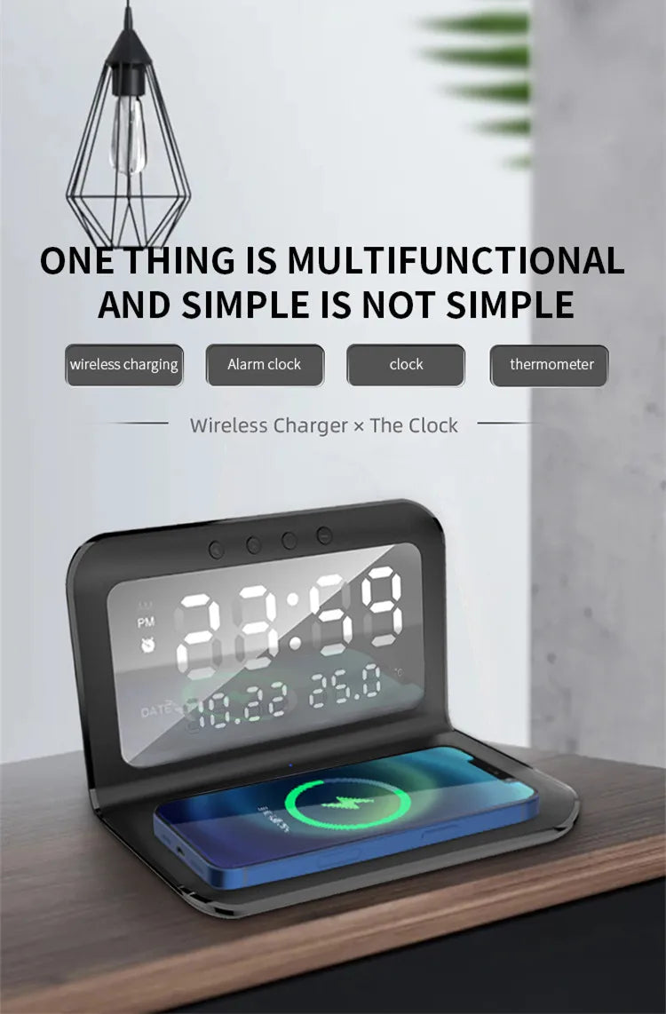 Wireless Charger Pad Stand with Alarm Clock Thermometer for iPhone 14 13 12 11 X Xiaomi Samsung 15W Phone Fast Charging Station
