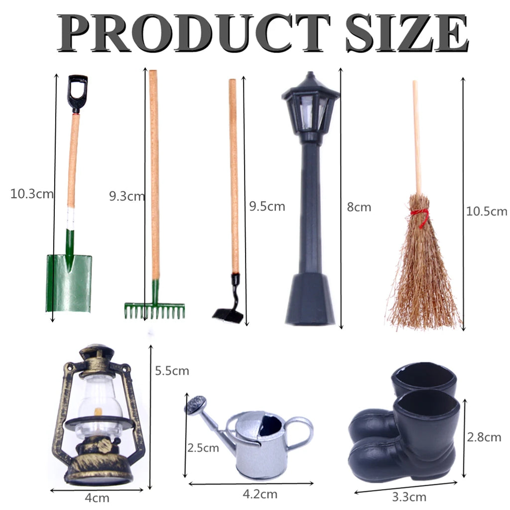 8PCS Miniature Dollhouse Fairy Garden Tools Mini Furniture Broom Kettle Street Lamp Rubber Boots Spade Pestle Rake Ornament Deco