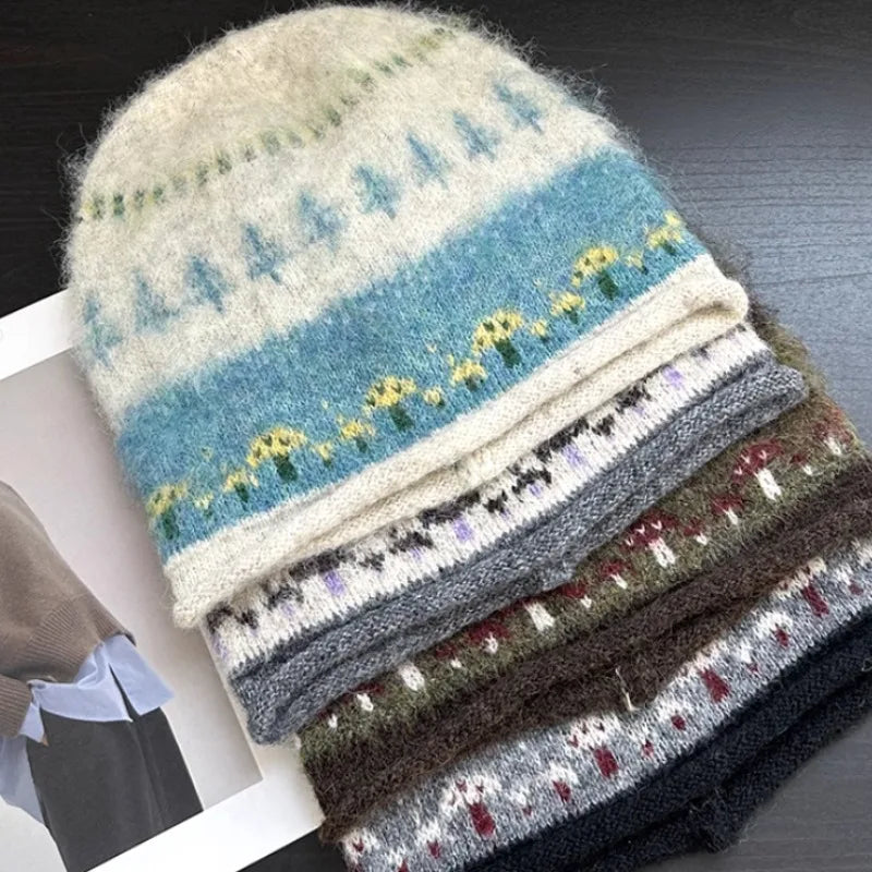 Korean Cute Mushroom Jacquard Knitted Beanies for Women Autumn Winter Warm Versatile Show Face Small Atmosphere Pullover Hat