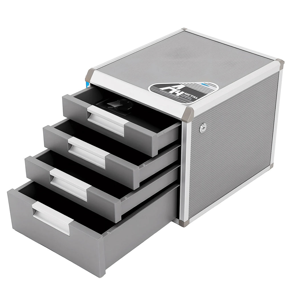 4 Layers Locking Drawer Cabinet Desk Organizer, Home Office Desktop File Storage Box,  Locking Storage Cabinet, Aluminum Alloy