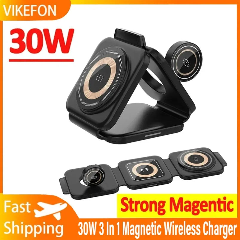 3 In 1 Magnetic Wireless Charger 30W Fast Charging Station Pad Foldable Phone Chargers Stand for iPhone 16-12 IWatch 8 7