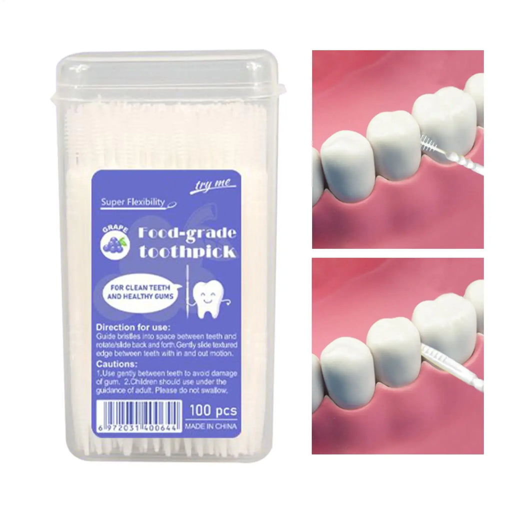 100pcs Flavored Toothpicks 2-Tip Teeth Cleaning with Soft Bristles for Stain Remover Mouth Care Hotel Restaurant Camping Supplie