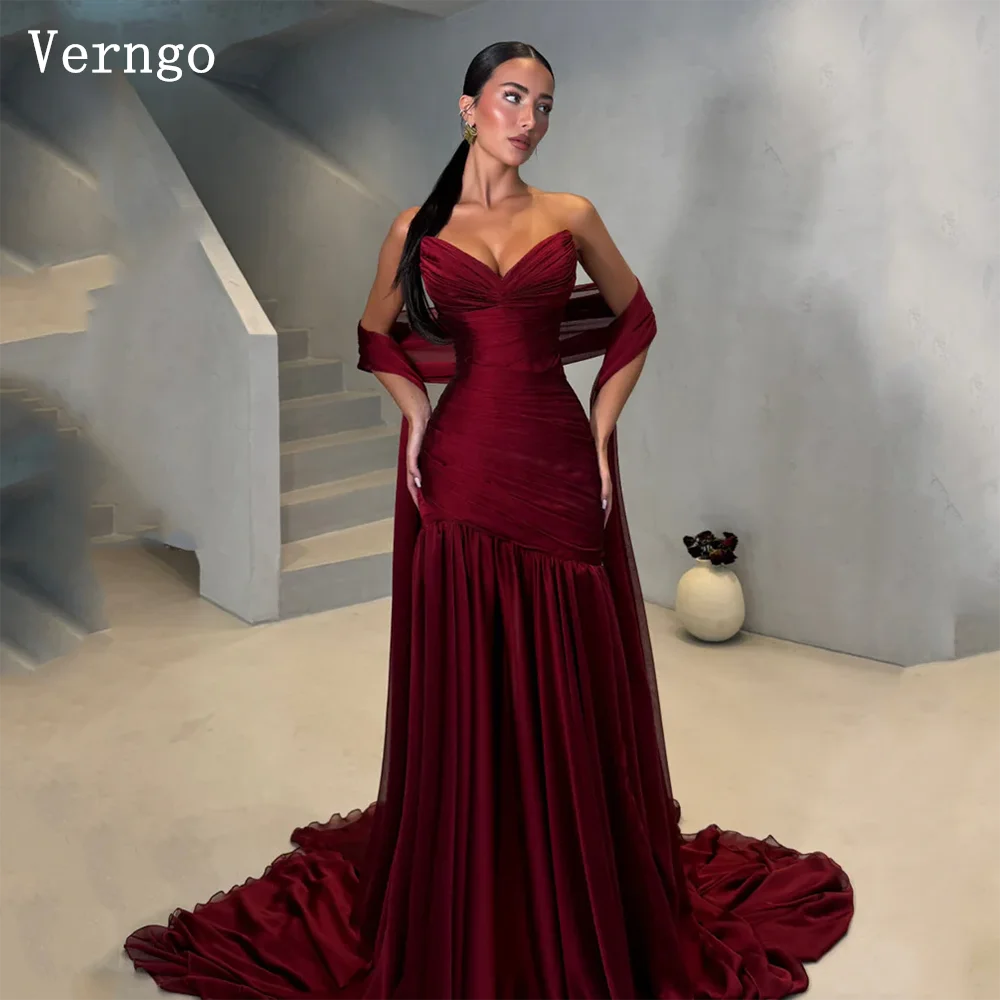Verngo Merlot Deep Wine Red Evening Dress Draped Sweetheart Pleated Bodice Sculpts Party Dress Chiffon Shawl Prom Gowns