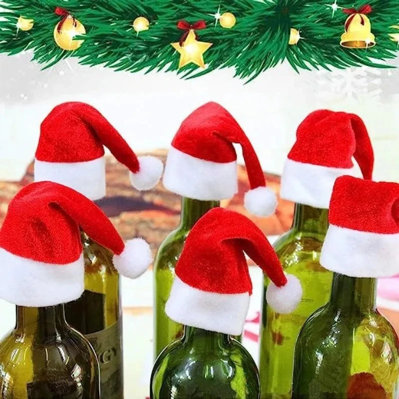 5-200Pcs Mini Santa Hat Non-Woven Fabric Lollipop Cap Christmas Wine Bottle Covers Xmas Bottles Holder Table Dinner Decorations
