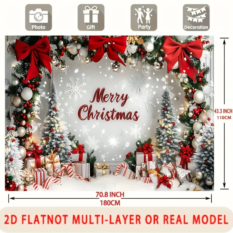 1 festive Christmas party banner with snowy landscape, decorative bow and wrapped gifts for home and room wall decoration