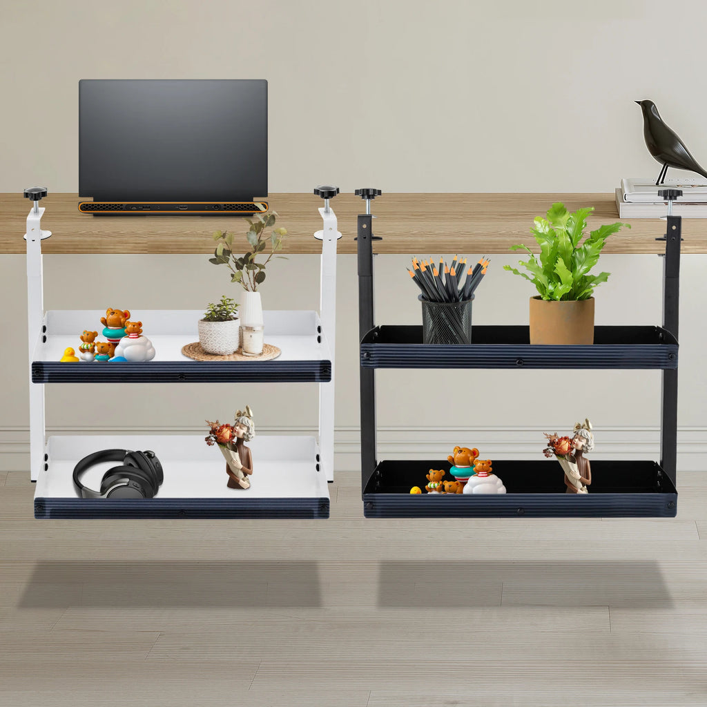 Adjustable 2-Tier Desk Shelf Clamp-On Storage Tray for Displaying Photos Decorations Clip-On Desk Organizer Shelf
